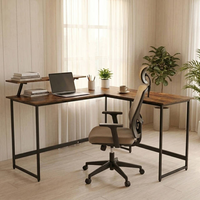 Abrihome Brown Single Shelf Industrial Style L-Shaped Corner Computer Desk - image 1