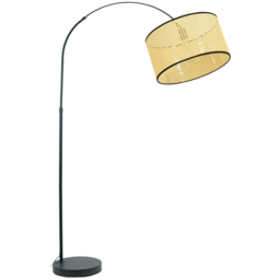 ValueLights Louis Natural Cane Drum Shade Black Curved LED Floor Lamp