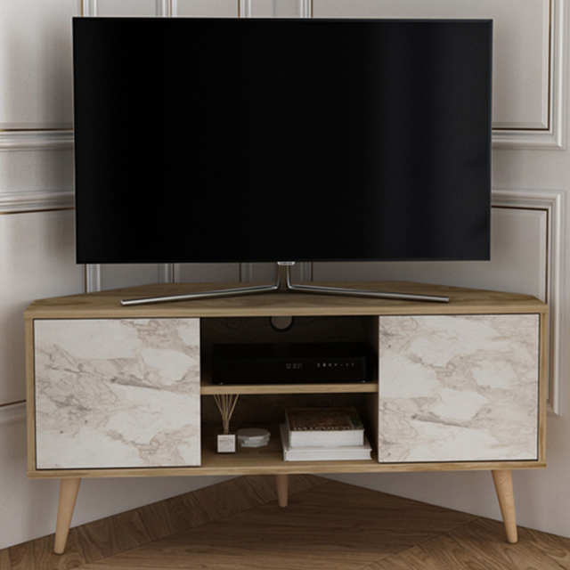 Decorotika Lesson Oud and White Marble Effect 2 Door 2 Shelf Corner TV Unit - image 1