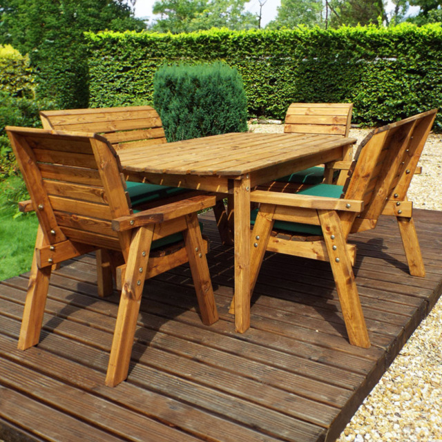 Charles Taylor Solid Wood 6 Seater Rectangular Outdoor Dining Bench Set with Green Cushions - image 1
