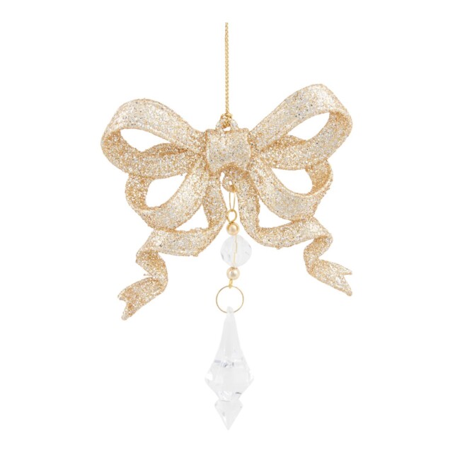 Blushing Ballroom Gold Glitter Christmas Bow with Droplet Hanging Decoration