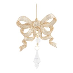 Blushing Ballroom Gold Glitter Christmas Bow with Droplet Hanging Decoration