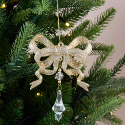 Blushing Ballroom Gold Glitter Christmas Bow with Droplet Hanging Decoration - thumbnail 2