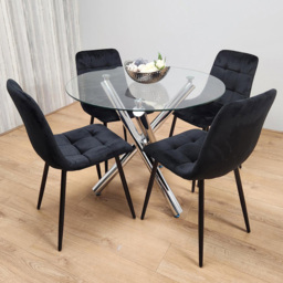 Kosy Koala 4 Seater Glass and Velvet Round Dining Set Chrome and Black