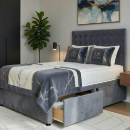 DS Living Casia Grey Super King Size Plush Velvet Divan Bed with 4 Drawer
