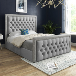 Venice Double Grey Soft Velvet Upholstered Bed Frame with Glitter Border Headboard