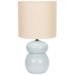 ValueLights Kendal Natural Linen Drum Shade Blue Glazed Ceramic LED Table Lamp