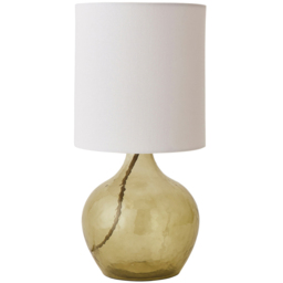 ValueLights Emily Natural Linen Drum Shade Dark Green LED Teardrop Table Lamp