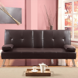 Brooklyn 2 Seater Brown Faux Leather Italian Sofa Bed with Cup Holder