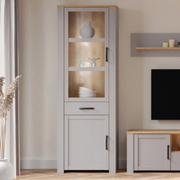Florence Bohol 2 Door Single Drawer Riviera Oak and Grey Oak Narrow LED Display Cabinet