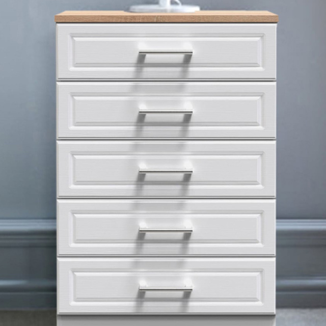Crowndale Kent 5 Drawer White Ash and Modern Oak Chest of Drawers Ready Assembled - image 1