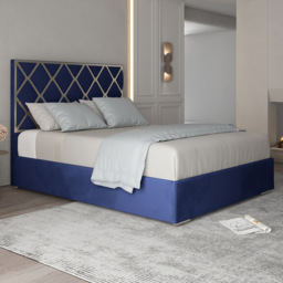 Tammy Small Double Blue Soft Velvet Upholstered Metal Bed Frame with Panelled Headboard