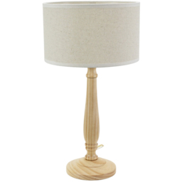 ValueLights Victoria Linen White Edge Drum Shade Light Wood Candlestick LED Table Lamp