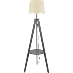 ValueLights Morrigan Wood Shelf White Trim Scallop Shade Grey Tripod Floor Lamp with Bulb