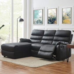Home Detail Carter 3 Seater Black Faux Leather Left Hand Chaise Manual Recliner Sofa