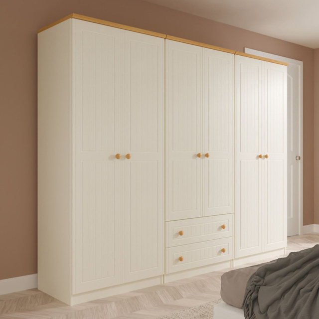 Crowndale Warwick 6 Door 2 Drawer Cream Ash and Modern Oak Wardrobe Ready Assembled - image 1