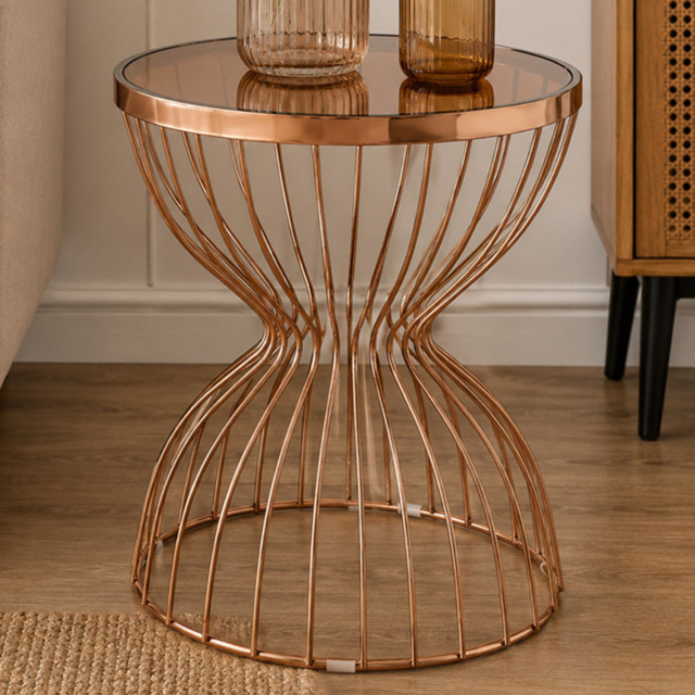 Premier Housewares Tula Rose Gold Round Tempered Glass Top Side Table with Hourglass Base - image 1