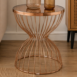Premier Housewares Tula Rose Gold Round Tempered Glass Top Side Table with Hourglass Base - thumbnail 1