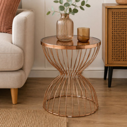 Premier Housewares Tula Rose Gold Round Tempered Glass Top Side Table with Hourglass Base - thumbnail 3