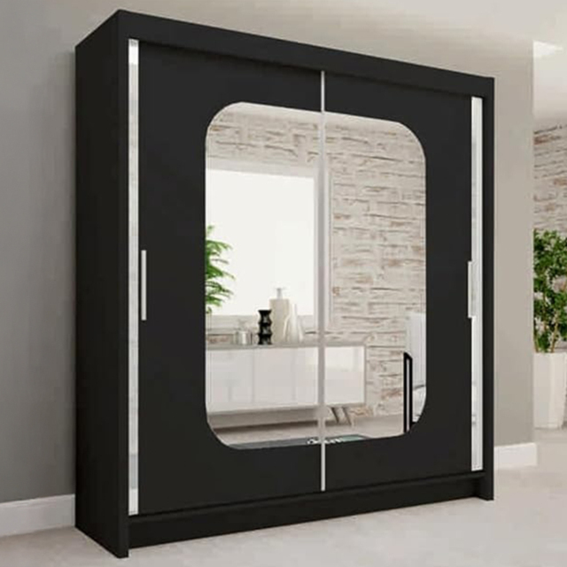 Sliding Wardrobes 4U Marika Black 2 Door Mirror Wardrobe with Shelves and Hanging Rails - image 1