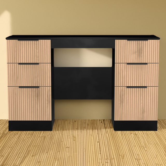 Crowndale Java Slatt Effect and Black 6 Drawer Kneehole Desk - image 1