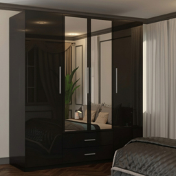 M N Furniture Glossera 4 Door 2 Drawer Black High Gloss Mirrored Wardrobe 160cm