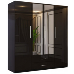 M N Furniture Glossera 4 Door 2 Drawer Black High Gloss Mirrored Wardrobe 160cm - thumbnail 2