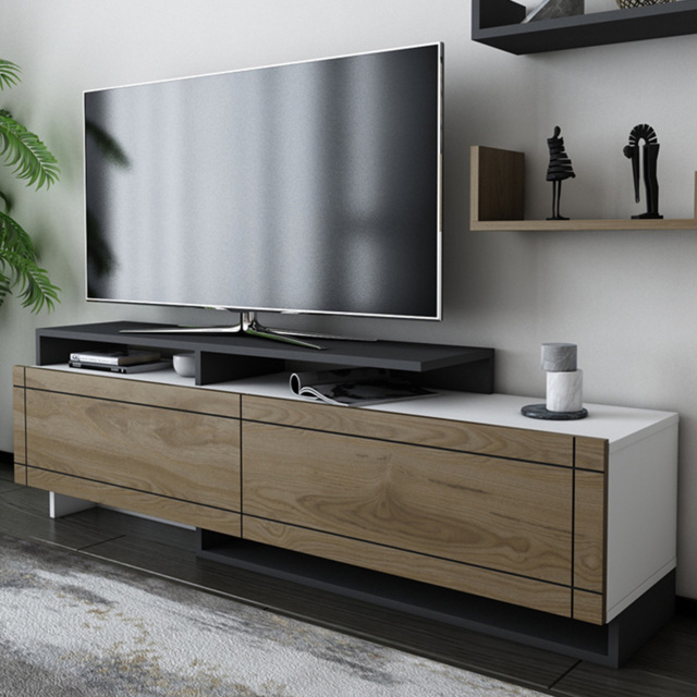 Decorotika Tamy 2 Door White Walnut and Anthracite TV Unit with 2 Wall Mountable Shelves - image 1