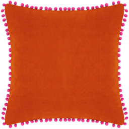 Paoletti Orange and Fuchsia Velvet Touch Pom Pom Cushion