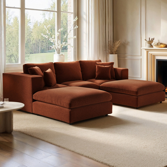 SOLACE+CO Asher Orange 4 Seater Chenille U Shape Sofa with Footstool - image 1