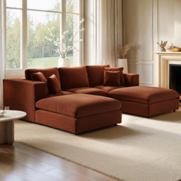 SOLACE+CO Asher Orange 4 Seater Chenille U Shape Sofa with Footstool - thumbnail 1