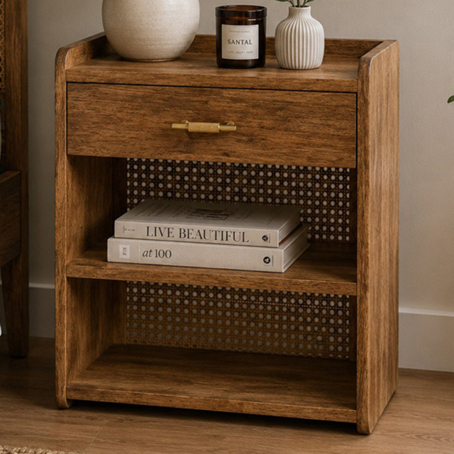 Artisan Furniture Larissa Oak-ish Single Drawer 2 Shelf Solid Wood T-Bar Open Bedside Table - image 1