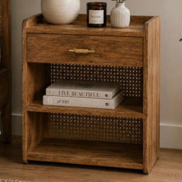 Artisan Furniture Larissa Oak-ish Single Drawer 2 Shelf Solid Wood T-Bar Open Bedside Table