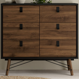 Florence Ry 6 Drawer Matt Black and Walnut Chest of Drawer