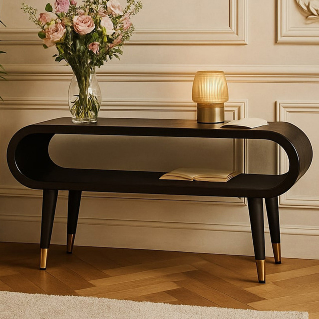 Artisan Furniture Velvet Mocha Single Shelf Brass Accent Mango Wood Curved Edge Media Unit - image 1
