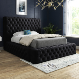 Grand Milan Black King Size Upholstered Bed Frame with Pleated Chesterfield Headboard