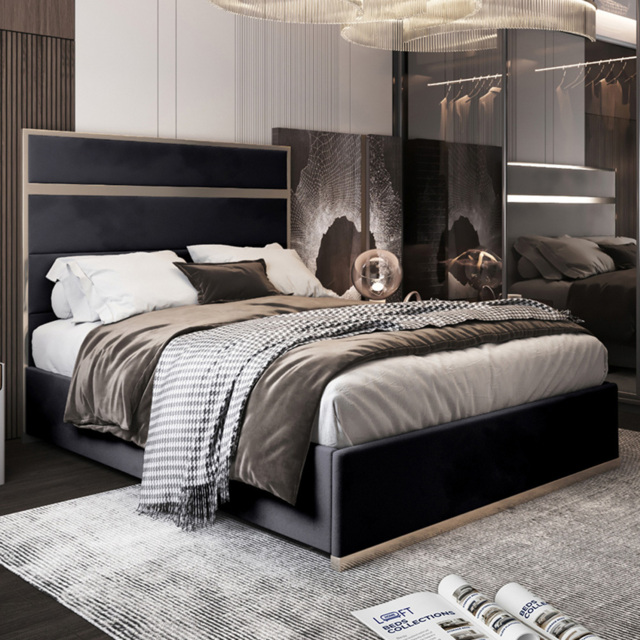 Bentley Black King Size Velvet Upholstered Metal Bed Frame with Panelled Headboard - image 1