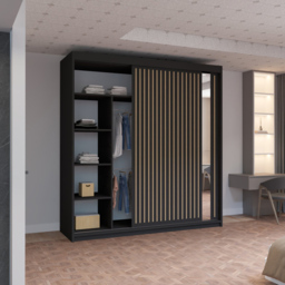M N Furniture Roman 2 Door Black and Oak Mirrored Sliding Wardrobe 203cm - thumbnail 3