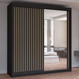 M N Furniture Roman 2 Door Black and Oak Mirrored Sliding Wardrobe 203cm