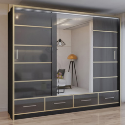 Sliding Wardrobes 4U Sydney Black High Gloss 3 Door 4 Drawer Mirror Wardrobe