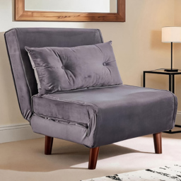 Home Source Single Seater Grey Velvet Sofa Bed with Cushion