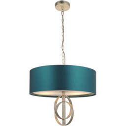 Merano Trento Antique Silver and Teal Satin Fabric 3 Light Pendant Ceiling Light