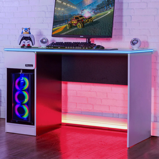 X Rocker Carbon-Tek White Single Drawer Single Shelf Gaming Desk with Neo Fibre LED Lights - image 1