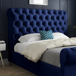 Sienna King Size Blue Soft Velvet Upholstered Sleigh Bed Frame with Scrolled Headboard - thumbnail 3