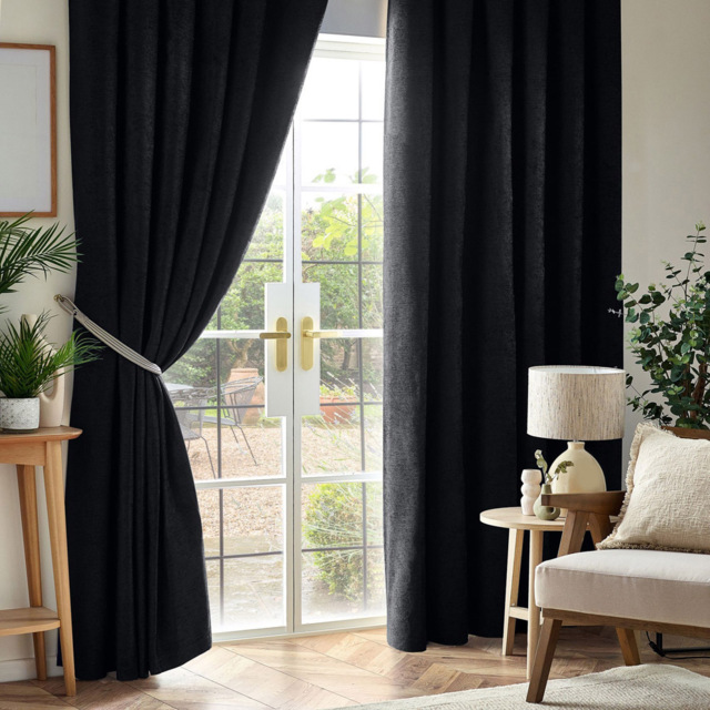 Alan Symonds Chenille Blackout Pencil Pleat Curtains Black 117cm x 137cm - image 1