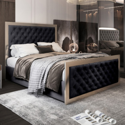 Maddison Black Single Velvet Upholstered Metal Bed Frame with Padded Headboard