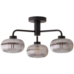 ValueLights Amaia Matt Black 3 Way Smoked Ribbed Glass LED Ceiling Light