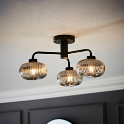 ValueLights Amaia Matt Black 3 Way Smoked Ribbed Glass LED Ceiling Light - thumbnail 2