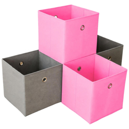 Home Source Pink and Grey Fabric Cube Storage Box 4 Pack