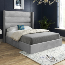 Nuno Grey Small Single Velvet Upholstered Bed Frame with Straight Winged Headboard - thumbnail 1